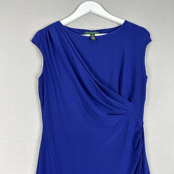 Lauren Ralph Lauren Womens Dress 8 Blue Mock Wrap Gathered Jersey Work Cocktail - Picture 2 of 11